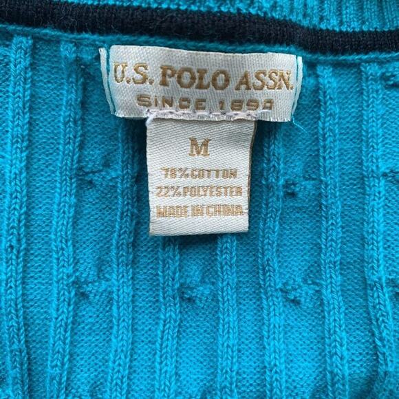 US Polo Assn Womens Long Sleeve Pullover Cable Knit Sweater Teal M V-Neck Pony - Picture 5 of 6